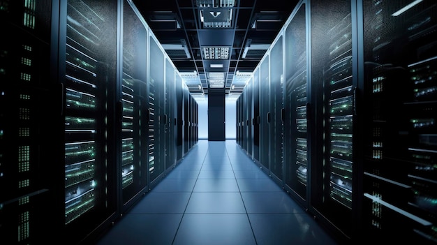 A long hallway with a blue light in the middle of it and a large amount of servers in the background