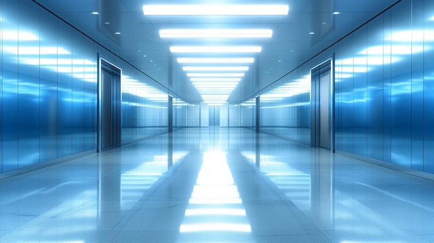 Long Hallway With Blue Walls and Ceiling