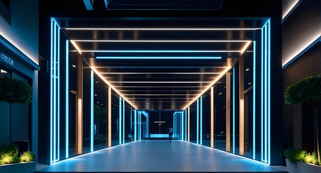 A long hallway with blue and white lights