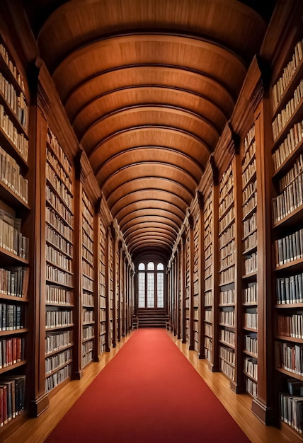 a long hallway with bookshelves and red carpet