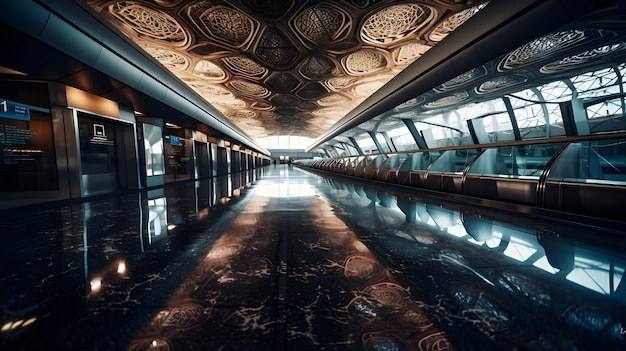 A long hallway with a ceiling that has a design on it.