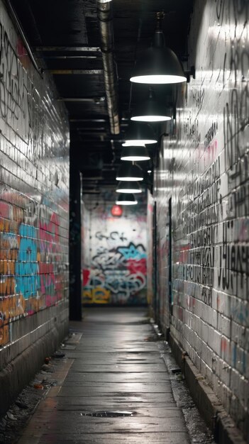 Photo a long hallway with graffiti on the walls