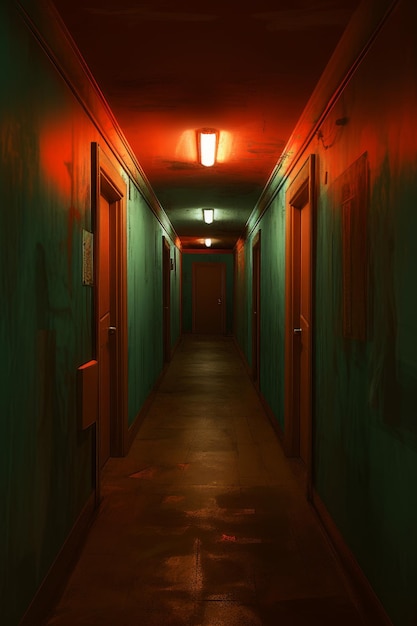 A long hallway with green doors and a red light on the wall.