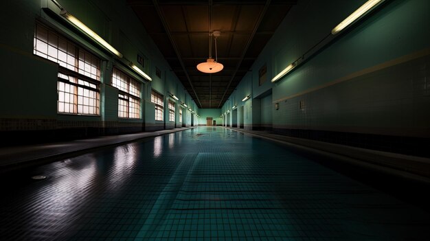 a long hallway with a light on the ceiling and a clock on the ceiling