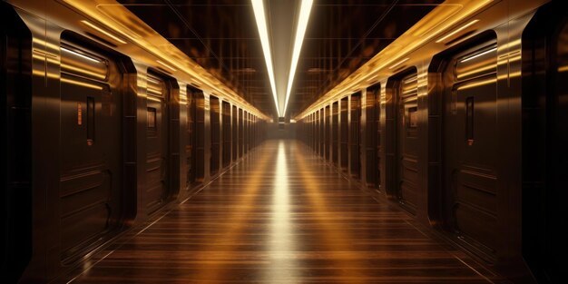 A long hallway with a light on the ceiling and a sign that says'the dark room '