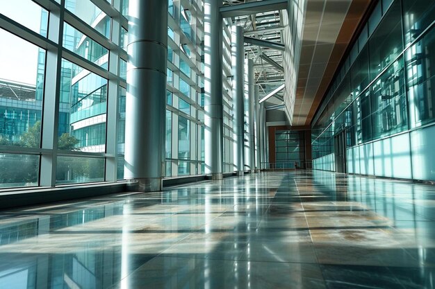 a long hallway with lots of glass walls