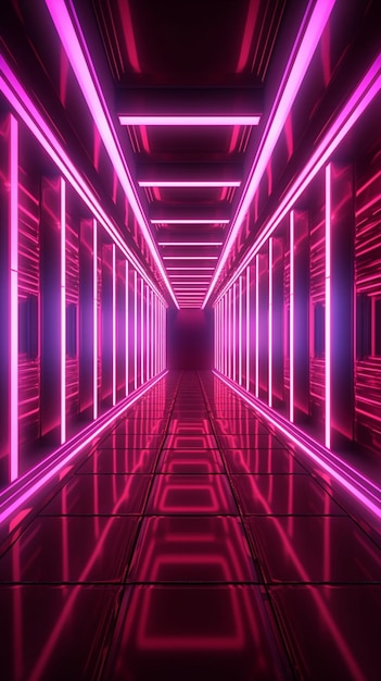 A long hallway with neon lights and a black floor generative ai