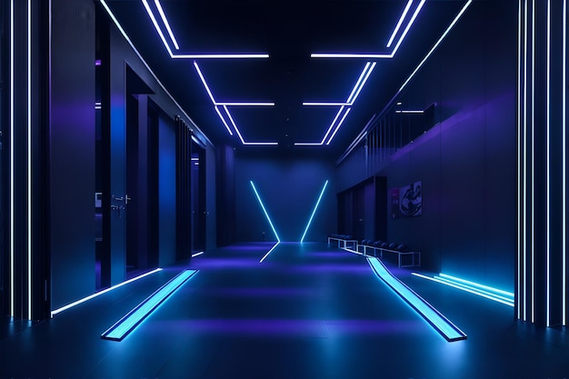 A long hallway with neon lights on the ceiling