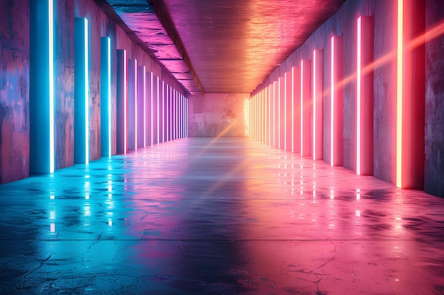 A long hallway with neon lights and a concrete floor with a long hallway between it and a wall with