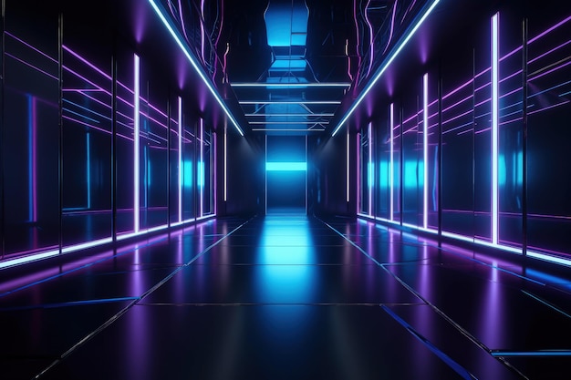 A long hallway with neon lights in it generative AI