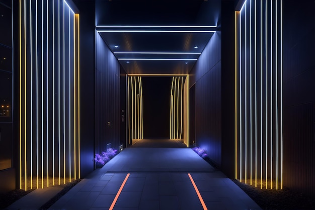 A long hallway with neon lights on the walls