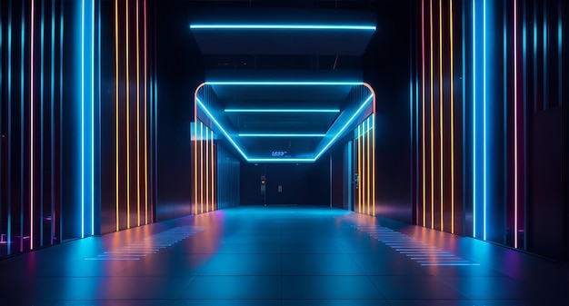 A long hallway with neon lights on the walls