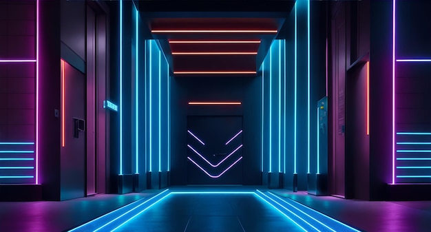 A long hallway with neon lights on the walls