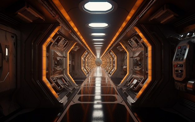 A long hallway with orange lights and a black ceiling with a light on it.