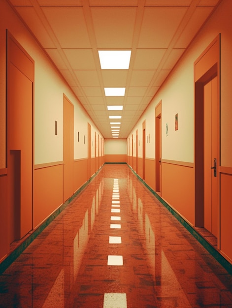 Длинный коридор с оранжевыми стенами и белым светом на потолке.