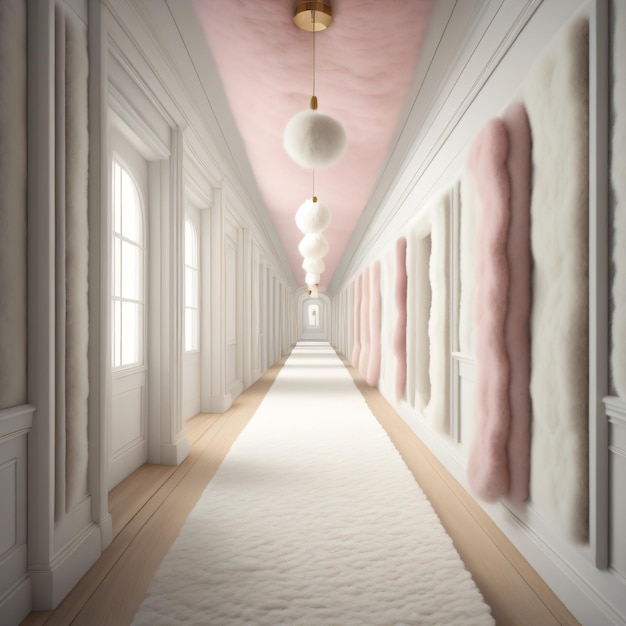 Photo a long hallway with a pink and white rug and a light hanging from the ceiling.