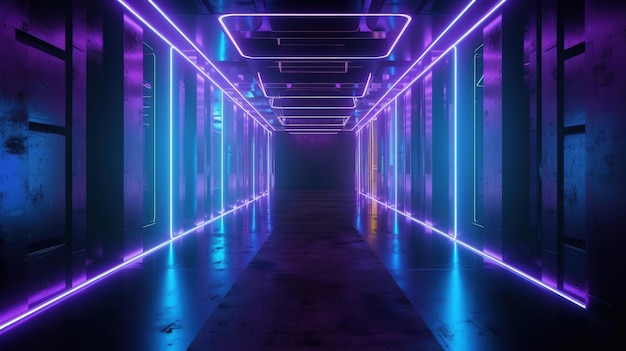 A long hallway with purple and blue lights generative AI