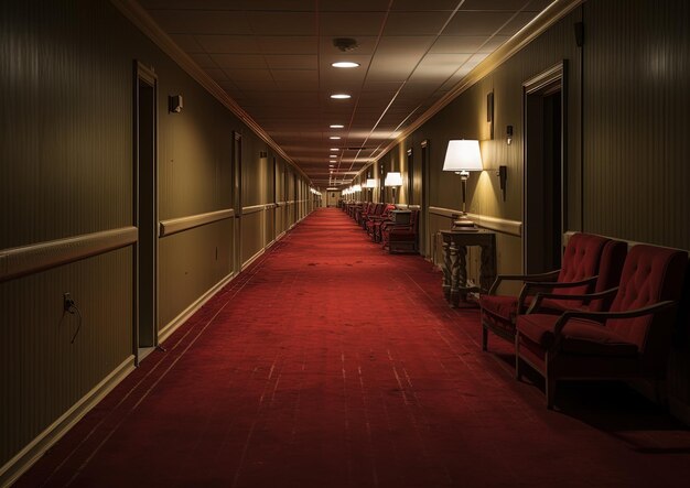 Photo a long hallway with red carpet and a red chair