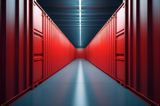 Photo a long hallway with red containers on it.