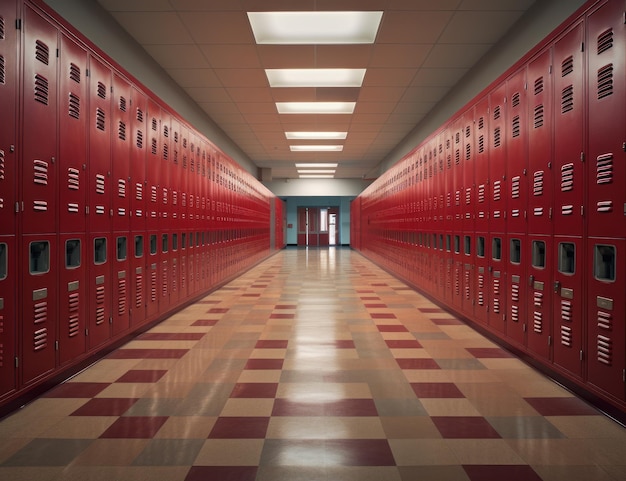 a long hallway with red lockers