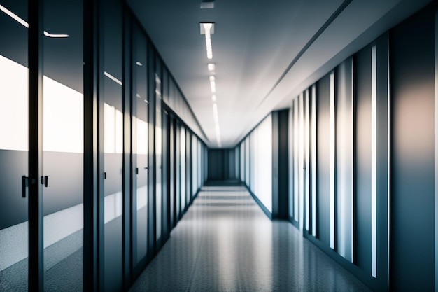 A long hallway with a row of glass doors and a light on the ceiling.