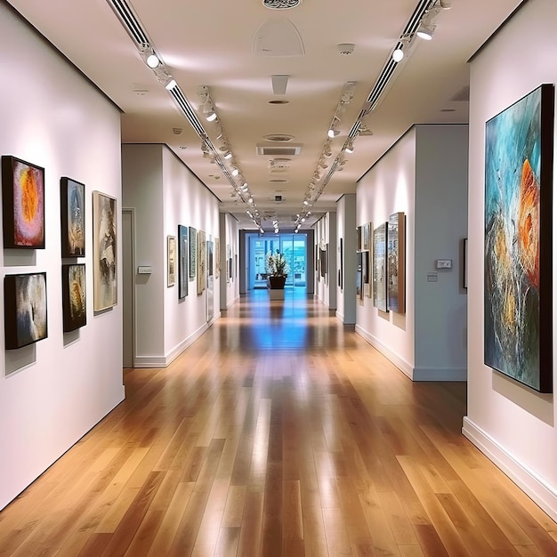 A long hallway with a row of paintings on the wall and a white wall with a light on it.