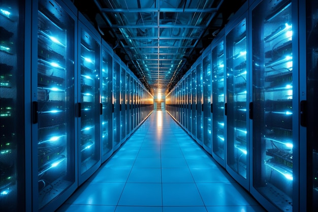 Photo long hallway with rows of servers in data center with blue lighting