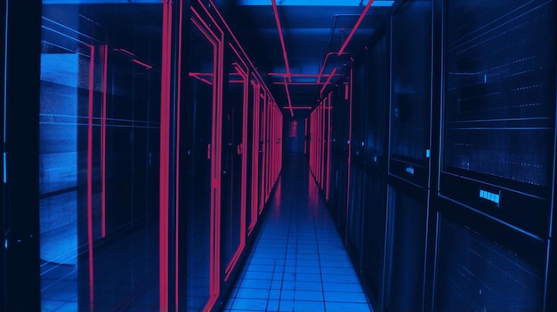 Photo a long hallway with rows of servers in a server room