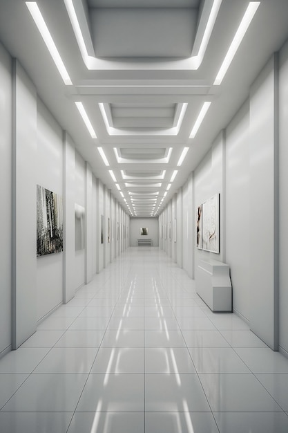 A long hallway with a white floor and a white ceiling with lights on it.