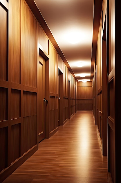 A long hallway with wooden doors and a white ceiling.