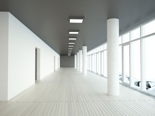 Foto corridoio lungo della sede centrale con parete di finestre