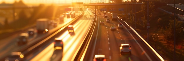 A long highway with cars and trucks driving golden light blurred background