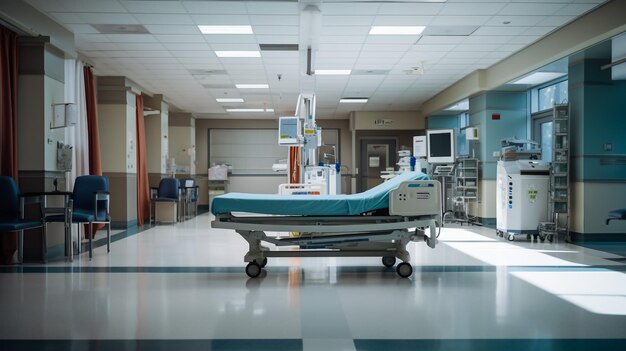 Фото Длинный светлый коридор больницы с комнатами и сиденьями 3d рендеринг