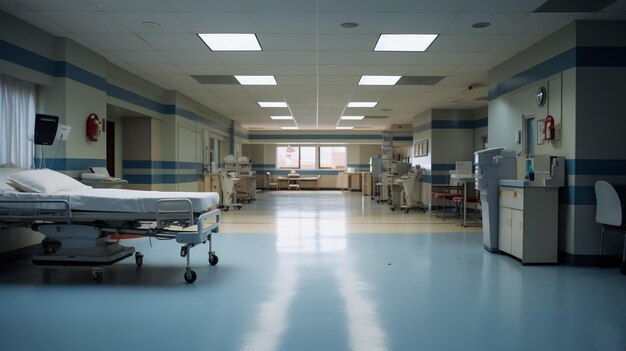 Long hospital bright corridor with rooms and blue seats 3d rendering