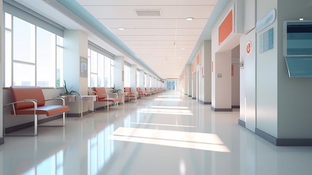 long hospital bright corridor with rooms and seats