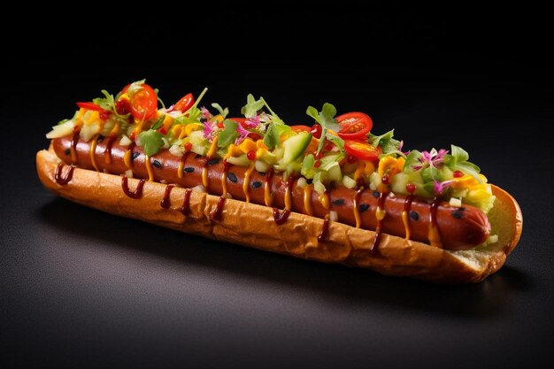 Photo a long hot dog with many toppings on it