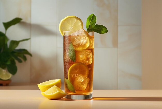 Long island iced tea on light rustic background Summer cocktail with soda lemon ice and tea