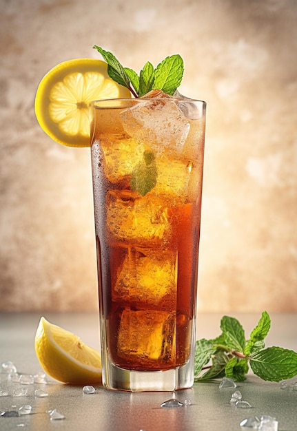 Long island iced tea on light rustic background Summer cocktail with soda lemon ice and tea