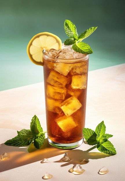 Long island iced tea on light rustic background Summer cocktail with soda lemon ice and tea