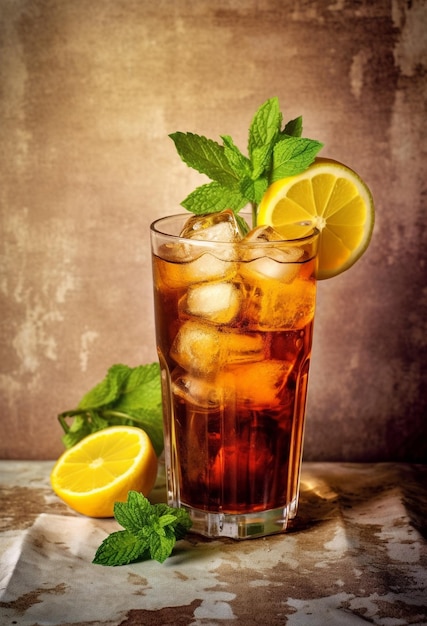 Long island iced tea on light rustic background Summer cocktail with soda lemon ice and tea