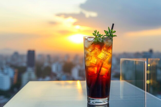 Long Island Iced Tea on rooftop an image featuring a Long Island Iced Tea