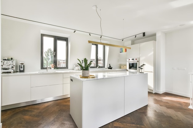 Long kitchen area with marble top