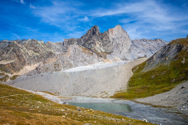 Long lake and Grande Casse Alpine glacier in French alps