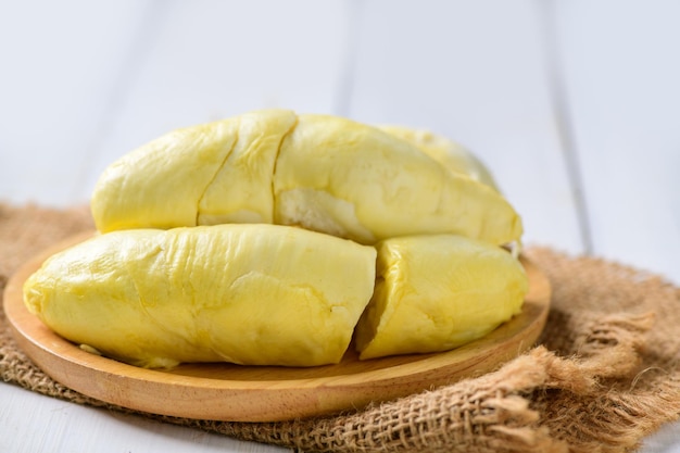 Long Laplae Durian on wood plate Rare durian in Thailand