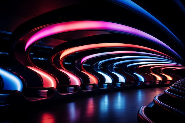 Photo a long line of colorful lights in a dark tunnel