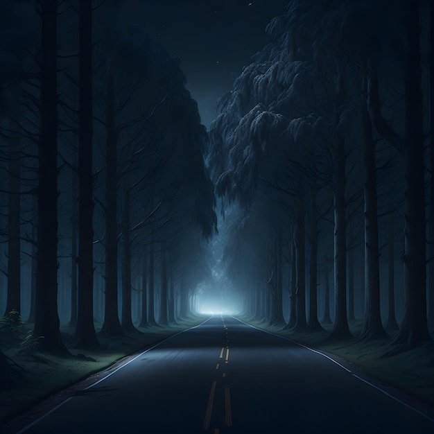 A long and lonely road shrouded in darkness surrounded by towering trees