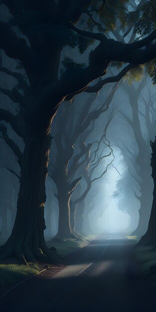 A long and lonely road shrouded in darkness surrounded by towering trees