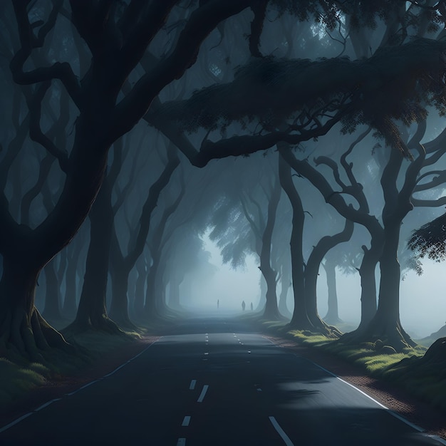 A long and lonely road shrouded in darkness surrounded by towering trees