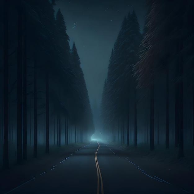 A long and lonely road shrouded in darkness surrounded by towering trees