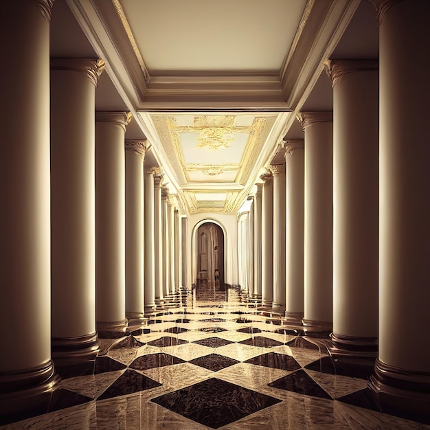 A long luxurious corridor from the antiquity 3D rendering